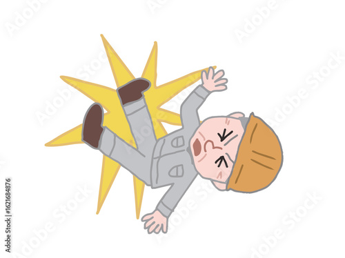 Illustration of a scene where a middle-aged male worker wearing a yellow helmet falls