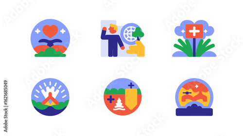 Diverse collection of flat design vector illustrations depicting environmental care, health, remembrance, and well-being concepts