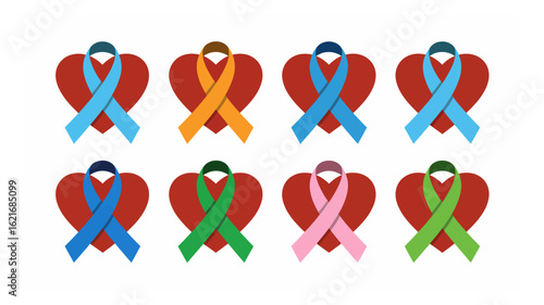 Diverse colored awareness ribbons wrapped around red heart icons representing unity for health and social causes