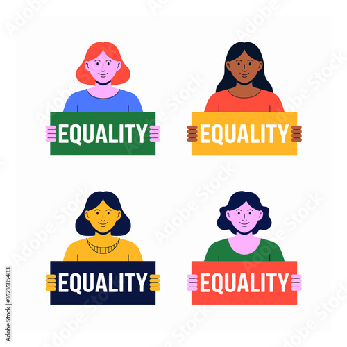 Diverse group of women holding 'EQUALITY' signs, symbolizing unity, women's rights, and the global movement for social justice and empowerment.