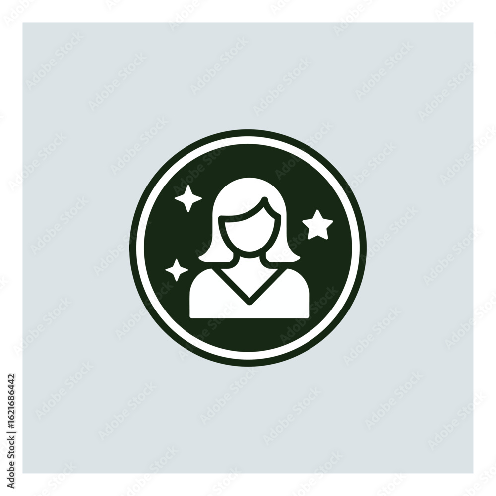 Fototapeta premium Elegant vector icon featuring a female profile surrounded by sparkling stars within a circle, symbolizing top quality and excellence.