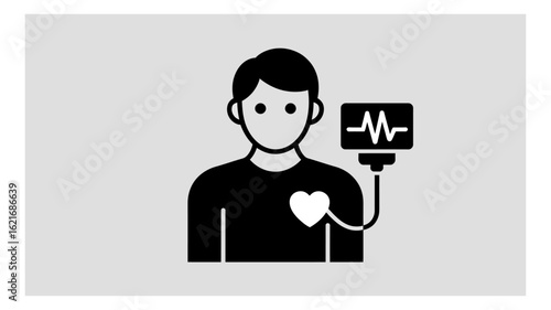Flat design illustration of an individual with a heart symbol being monitored by a medical device showing an ECG waveform.