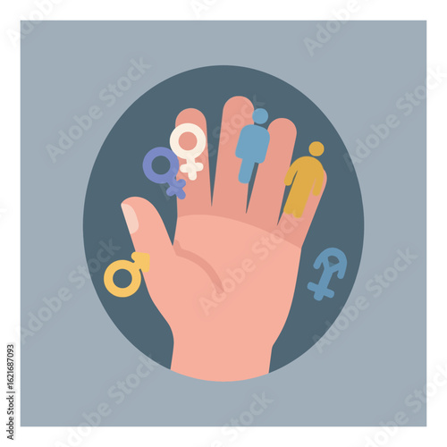 Hand displaying various gender identity symbols celebrating diverse human sexuality and LGBTQ+ community inclusivity illustration