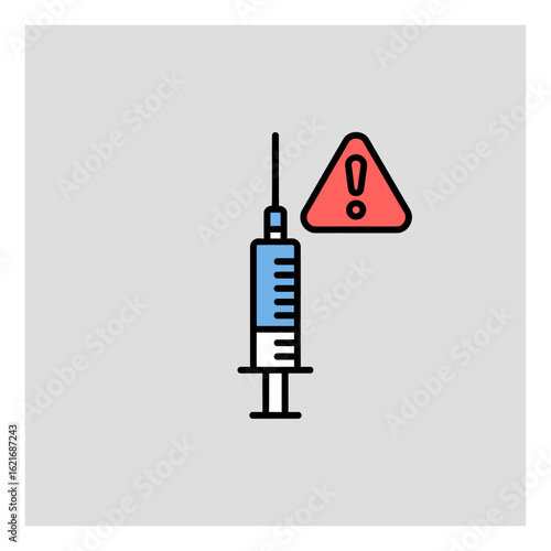 Illustration of a medical syringe with blue liquid and a red triangular warning sign, symbolizing caution or potential danger.