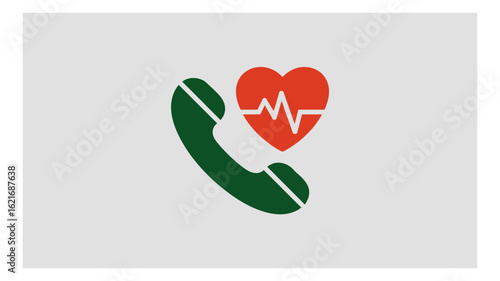 Medical emergency hotline concept with telephone receiver and heart symbol displaying a heartbeat pulse line