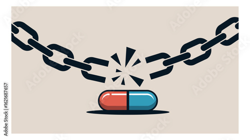 Medical capsule breaking a metal chain in a vector illustration, symbolizing overcoming addiction, illness, or pain.