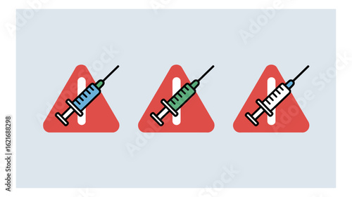 Multiple syringes with varying colored liquids are illustrated on red warning signs, signifying important medical alerts or health precautions.