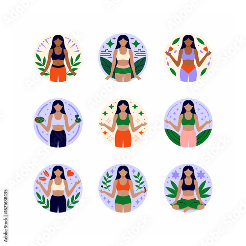 Set of illustrations portraying women's journey towards health, wellness, and inner peace through diverse daily self-care practices.