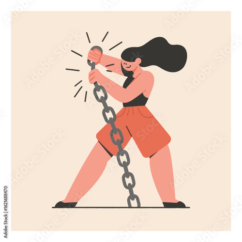 Strong determined woman pulling and breaking a heavy metal chain, symbolizing liberation, empowerment, and overcoming challenges