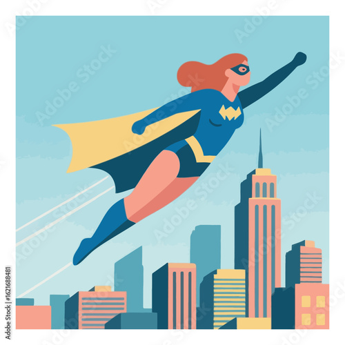 Strong female superhero character with a mask and cape flying across a bright blue sky over a detailed urban cityscape.