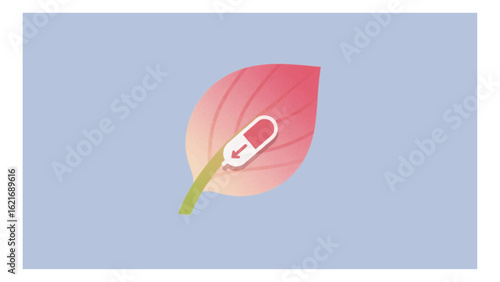 Stylized vector illustration featuring a medical capsule with an arrow on a vibrant pink leaf, representing natural and plant-based healthcare.