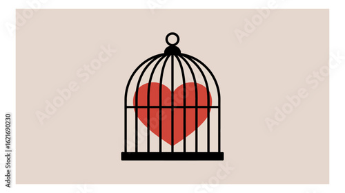 This minimalist illustration depicts a bright red heart confined within the bars of a dark birdcage on a plain background.