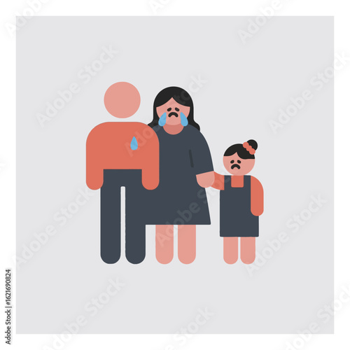 Vector illustration depicting a distressed family with crying parents and a sad child, symbolizing emotional hardship, grief, and family challenges.