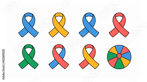 Vibrant collection of awareness ribbons in various colors and a diverse multi-colored circle representing global causes and unity