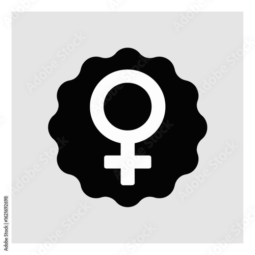 White female gender symbol icon centered on a black wavy badge, representing women's identity and empowerment.