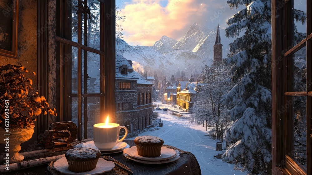 Obraz premium Cozy winter window view of snowy mountain village