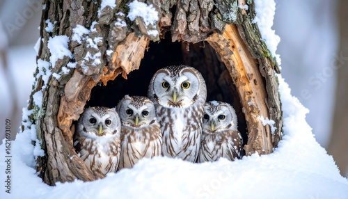 Owls huddled in a snowy tree cavity