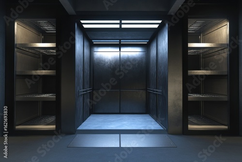Modern Industrial Elevator Interior with Empty Shelving Units