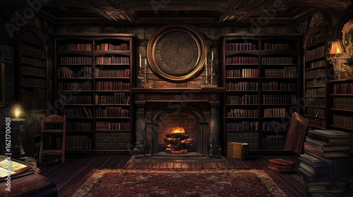 Dark antique library interior with fireplace