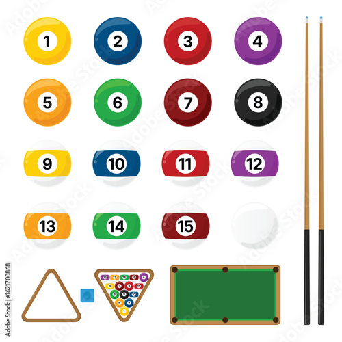 Billiard Equipment and Pool Balls Vector Set