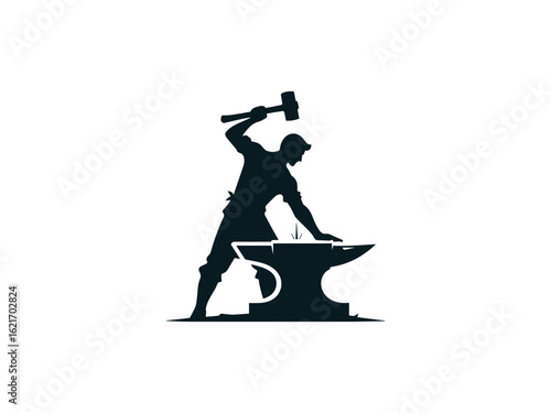 Blacksmith logo design with anvil and hammer in bold vector style for metalworking business branding