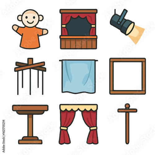 Curtain stage theater vector icon control spotlight rod backdrop puppet hand icons