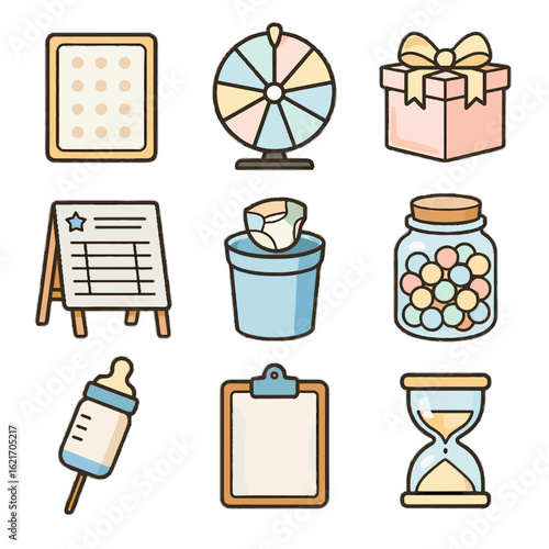 Spinning bin vector icon baby prop game jar box guess clipboard