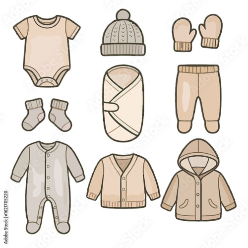 Set sleeper vector beanie clothing wrap cardigan jacket baby newborn romper icon