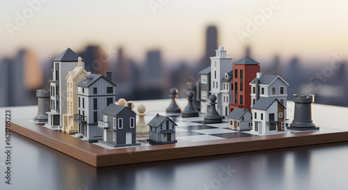A chessboard with miniature houses and buildings as pieces, symbolizing the strategic game of real estate investment and urban development.