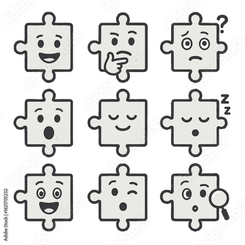 Excited piece icon puzzle winking sleepy expressions thinking happy vector confused face