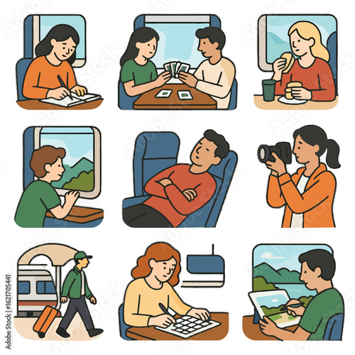 Vector spotting snack taking scenic passenger journaling journey train icon card drawing