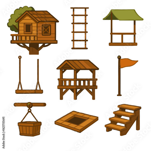 Vector camp trapdoor wooden treehouse ladder basket pulley steps roof icon
