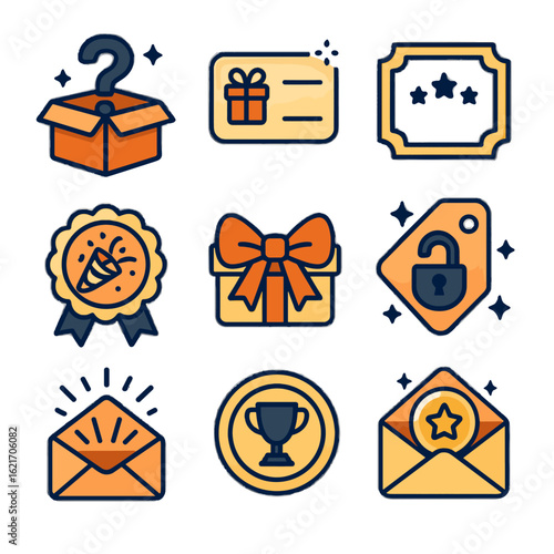 Sticker reward surprise box icon bonus card celebration set gift vector icons