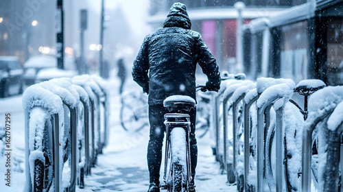Person riding bicycle snowy urban setting
