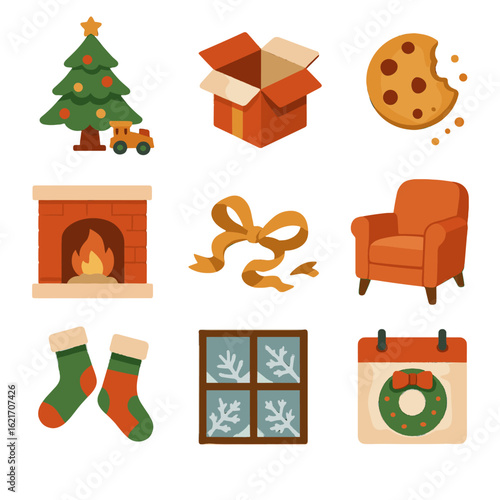 Christmas fireplace vector morning festive icon tree cozy chair calendar ribbon ash