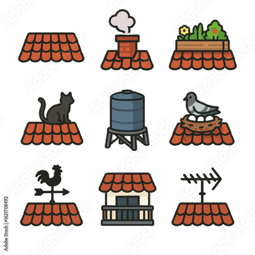 Vane rooftop vector collection chimney cartoon puffing red icon cat roof rooftops