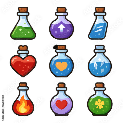 Potion levitation truth invisibility vector fantasy icon collection frost brew tonic luck