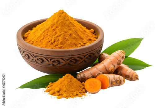 Wallpaper Mural Organic turmeric powder with fresh roots and green leaves, ideal for culinary, herbal, and medicinal uses. isolated on white or transparent background. PNG format. Torontodigital.ca