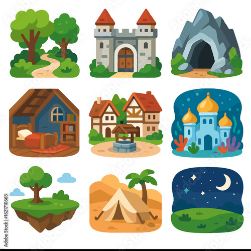 Palace castle story cave tent path floating icon grid environments vector underwater