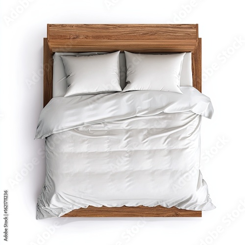 Elevated, made bed, light wood platform