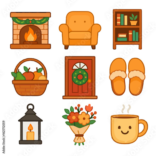 Fireplace bouquet icons flower celebration icon comfy basket home door front vector
