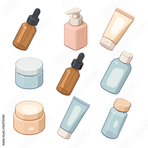 Serum bottles tube pump isometric cosmetic bottle angled toner vector glass icon