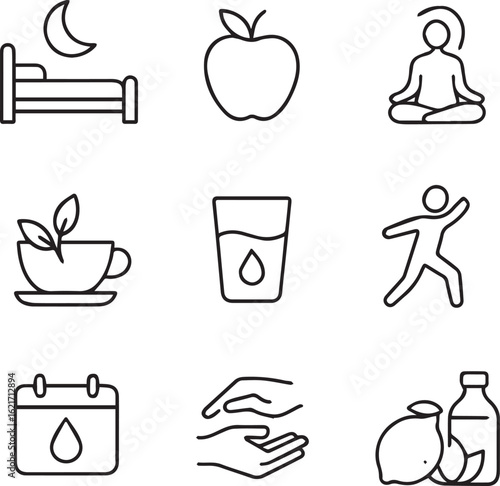 Wallpaper Mural Wellness Lifestyle Line Icon Set – Sleep, Meditation, Hydration, Nutrition & Self-Care Symbols Torontodigital.ca