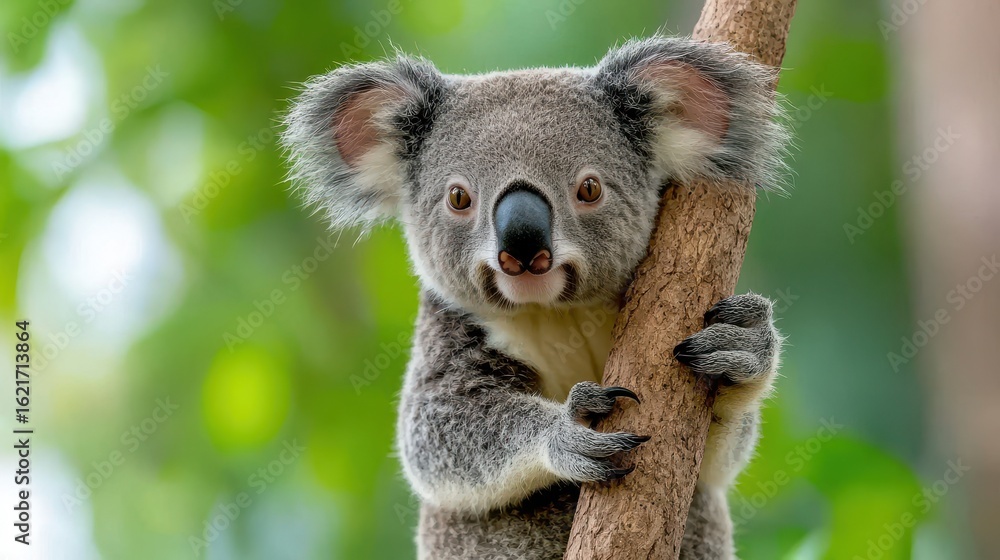 Fototapeta premium Adorable Koala Clinging to Tree Trunk in Lush Green Forest