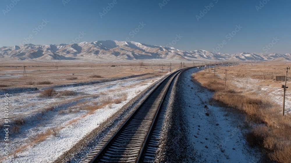 Snowy train tracks stretch into mountains Snowy train tracks stretch into mountains