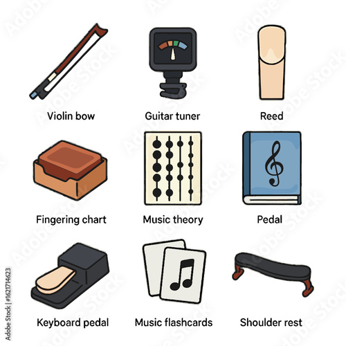 Bow violin tools practice icon woodwind keyboard pedal workbook instrument vector block