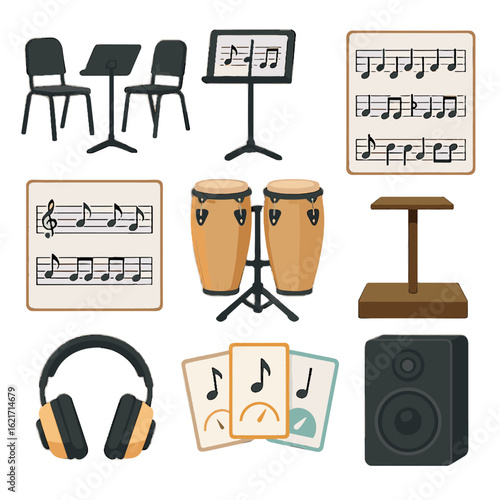 Podium music ear stand shared group rhythm vector set protection icon tools