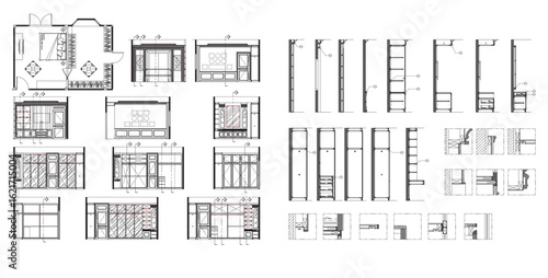2D Interior Drawing of Master Bedroom with Walk-in Closet, Floor Plan, Elevation and Section Detail, Vector Illustration
