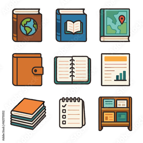 School log map shelf encyclopedia magazine icons paper vector icon folder library