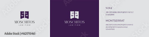 Modern law firm logo concept with theatrical tragedy and comedy masks on banners. Professional legal branding identity illustration.